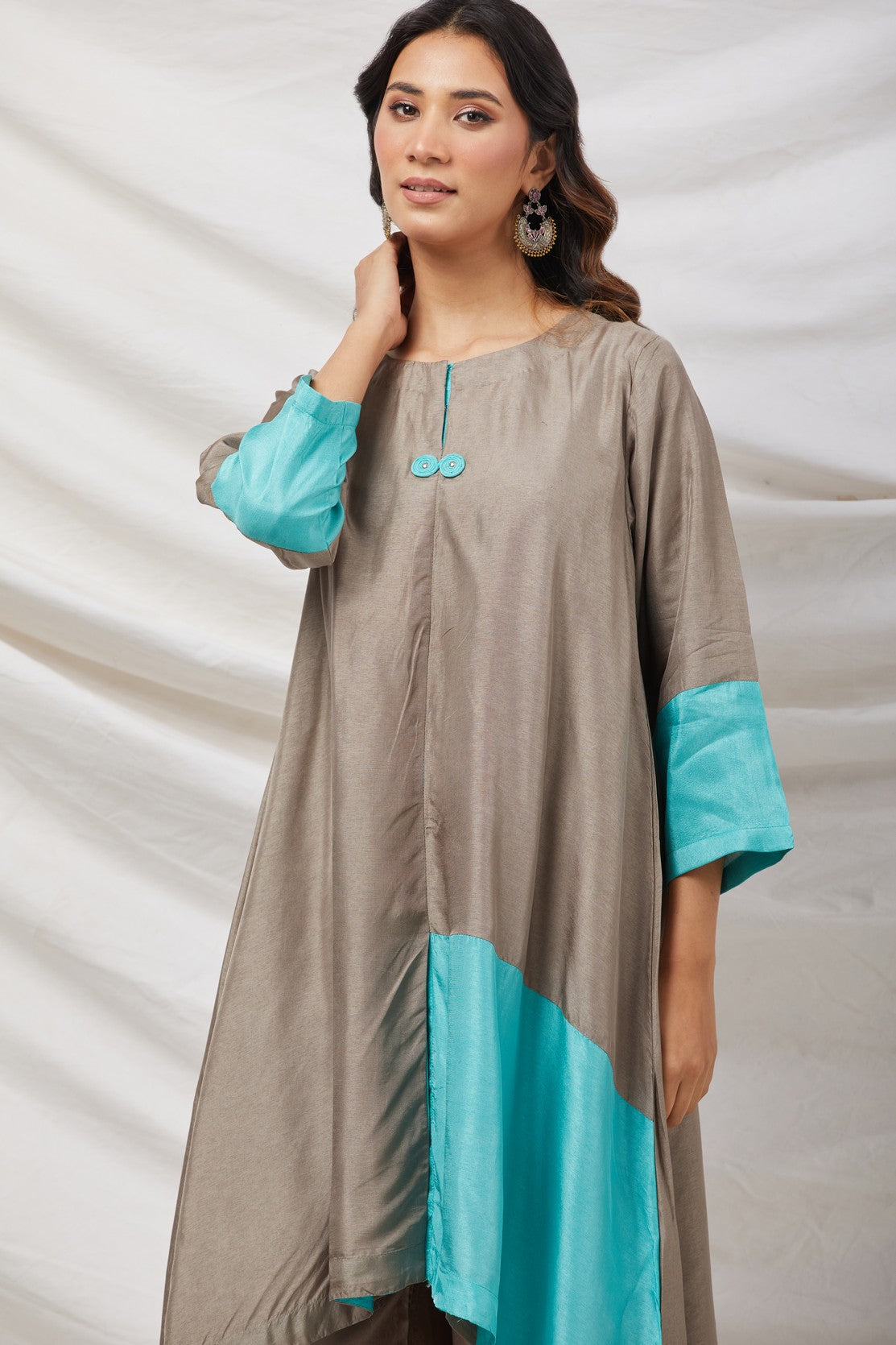 Beige & Blue Cotton Silk Tunic Set