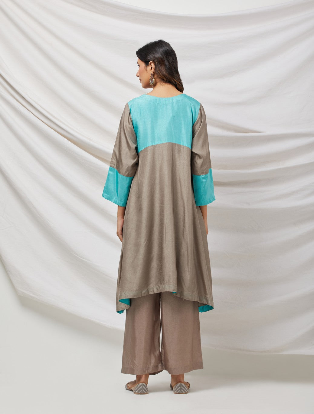 Beige & Blue Cotton Silk Tunic Set