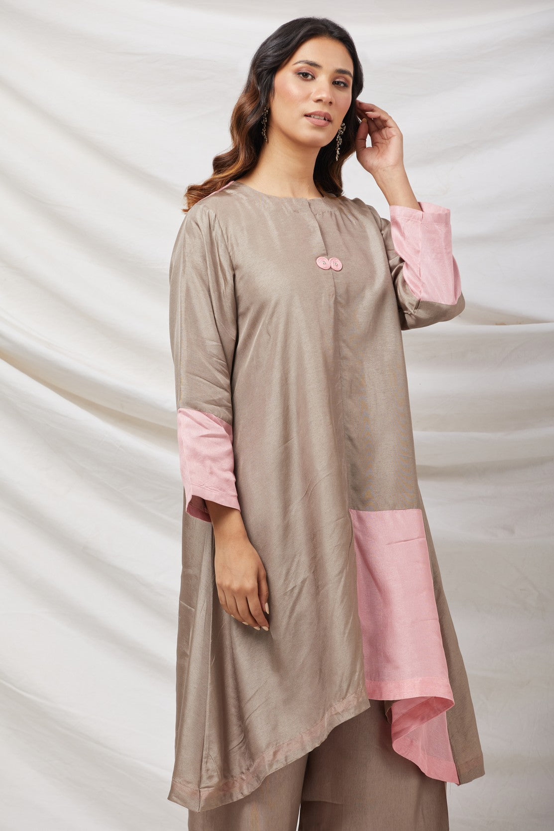 Beige & Pink Cotton Silk Tunic Set