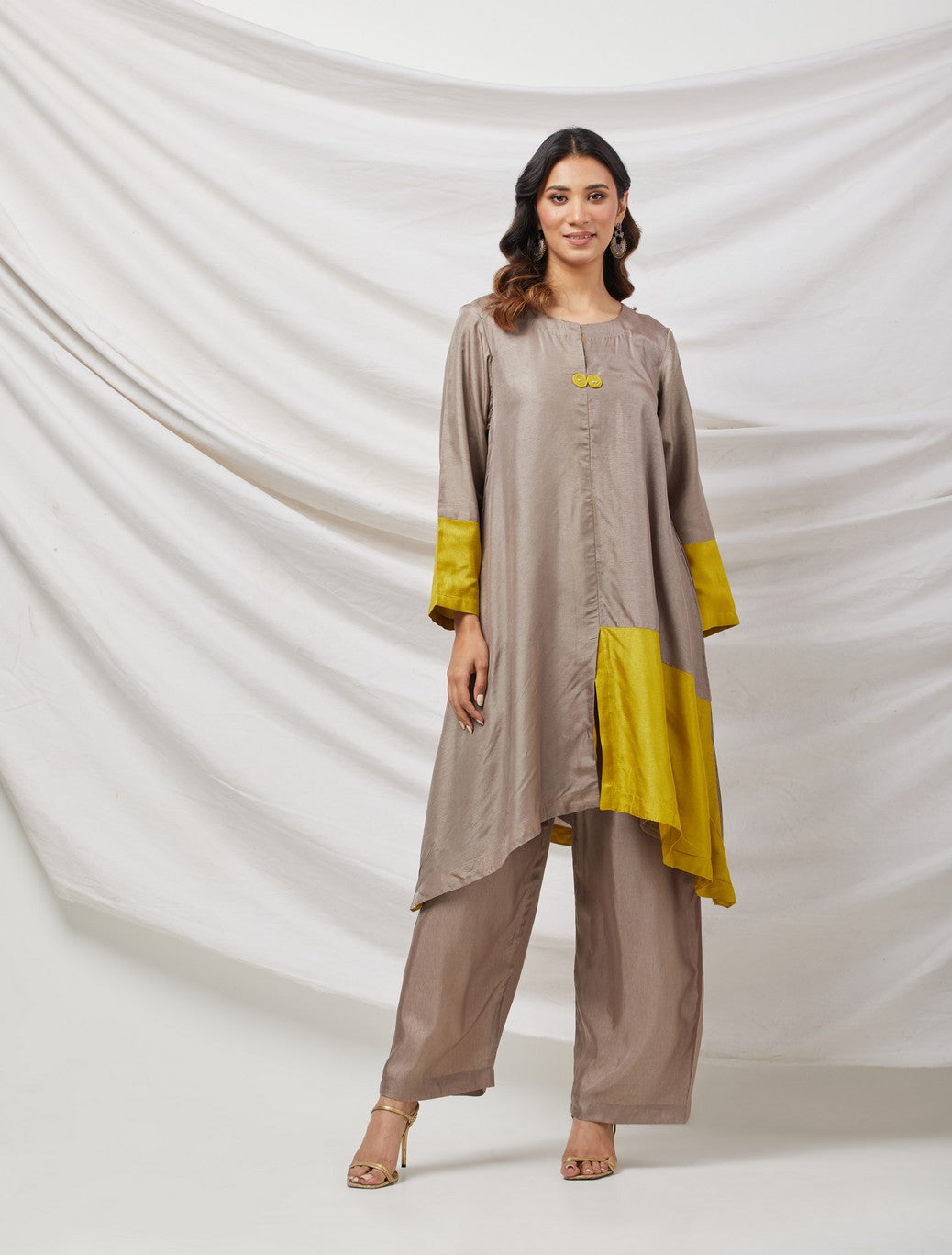 Beige &Yellow Cotton Silk Tunic Set