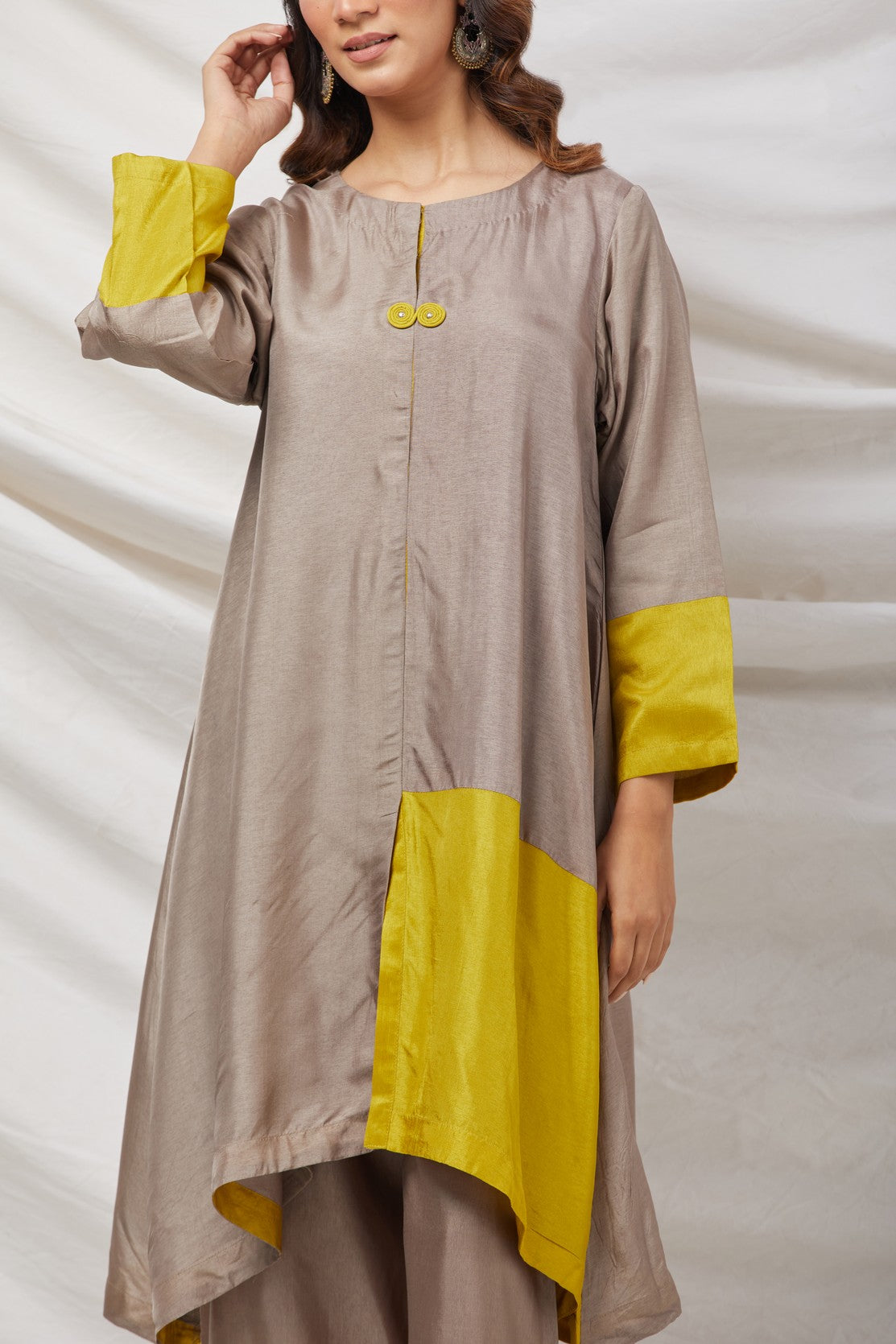 Beige &Yellow Cotton Silk Tunic Set