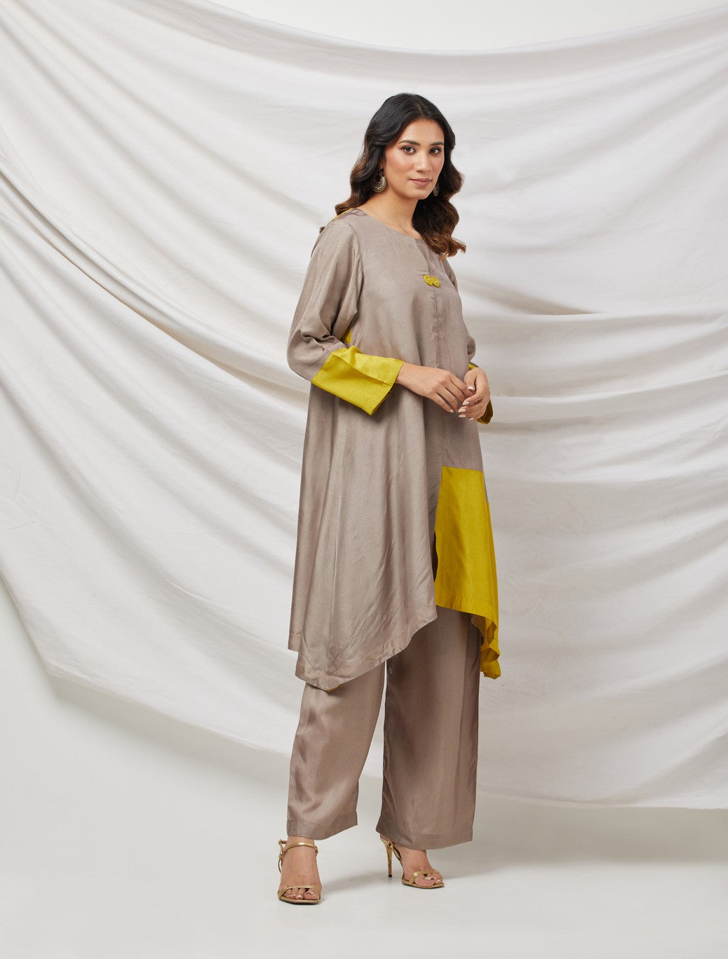 Beige &Yellow Cotton Silk Tunic Set