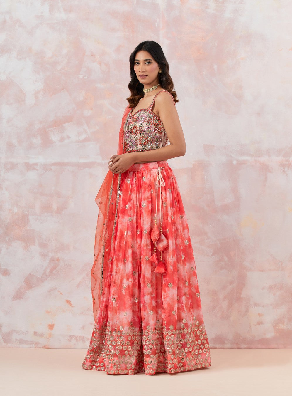 Pink Embroidered Lehenga Set With Sleeveless Blouse