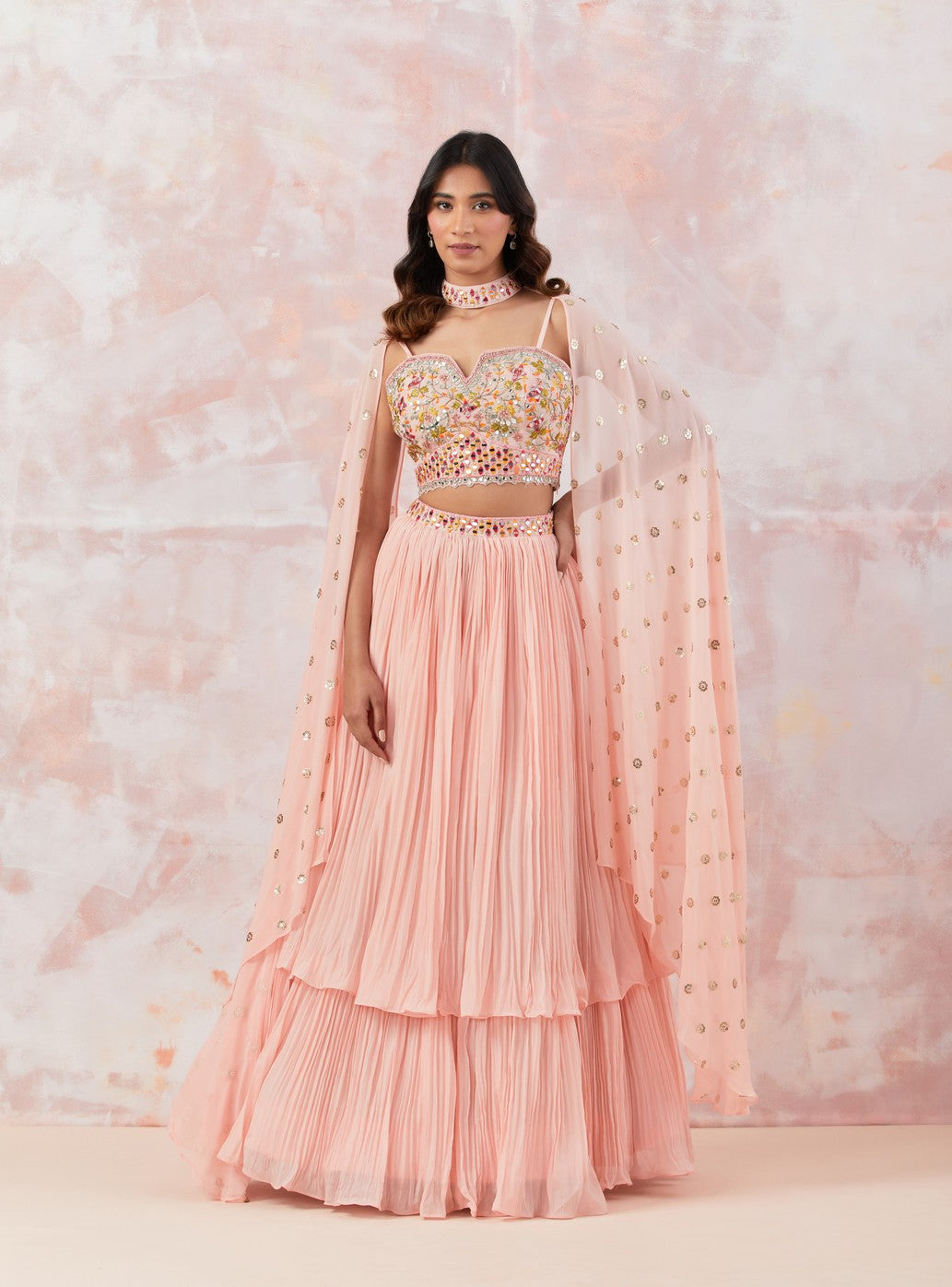 Peach Georgette Lehenga & Cape Dupatta