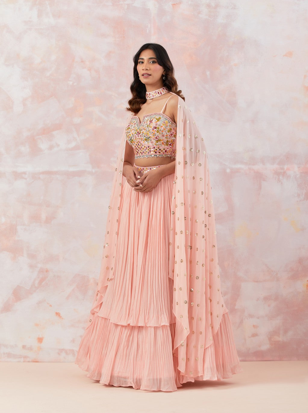 Peach Georgette Lehenga & Cape Dupatta