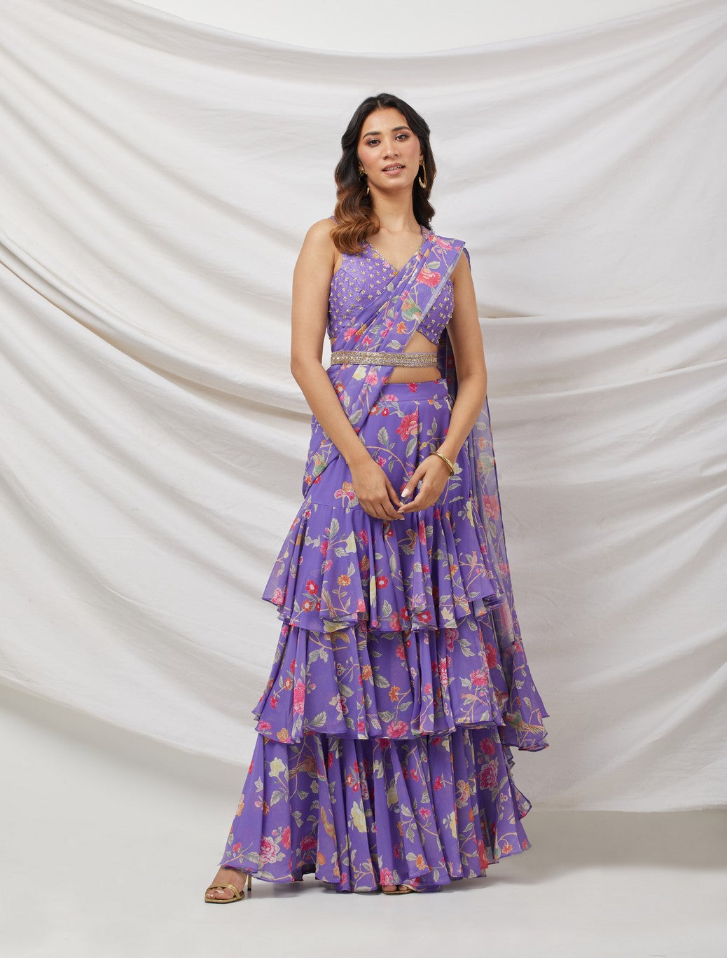 Lilac Printed Drape Saree Set