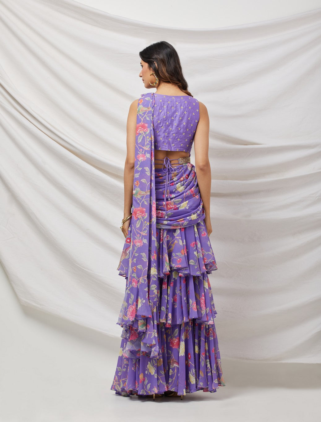 Lilac Printed Drape Saree Set