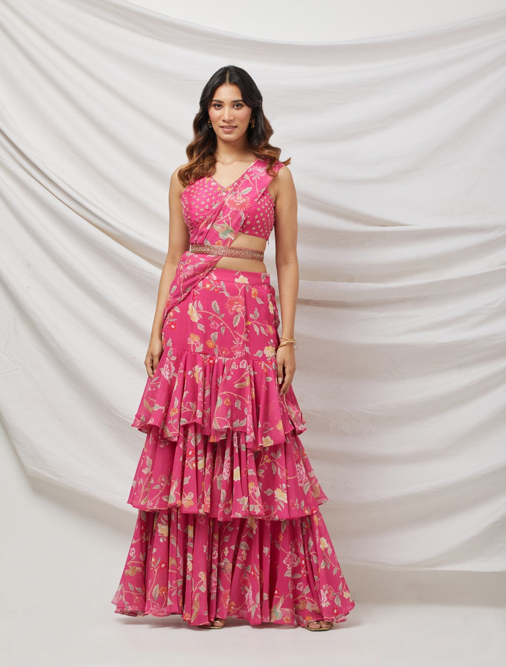 Rani Pink Pre-Draped Sharara Saree