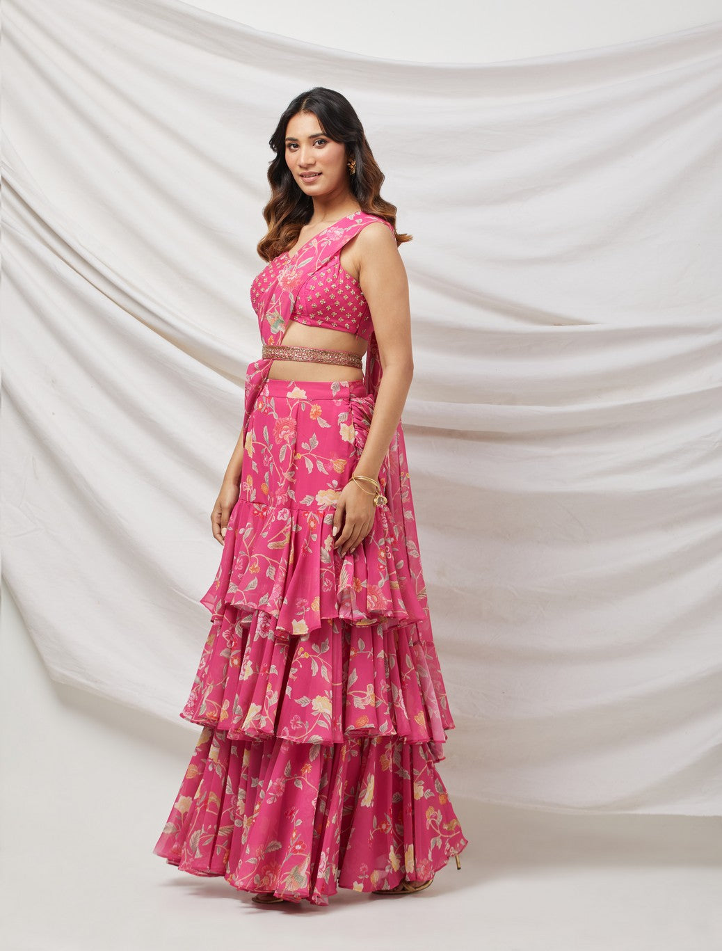 Rani Pink Pre-Draped Sharara Saree