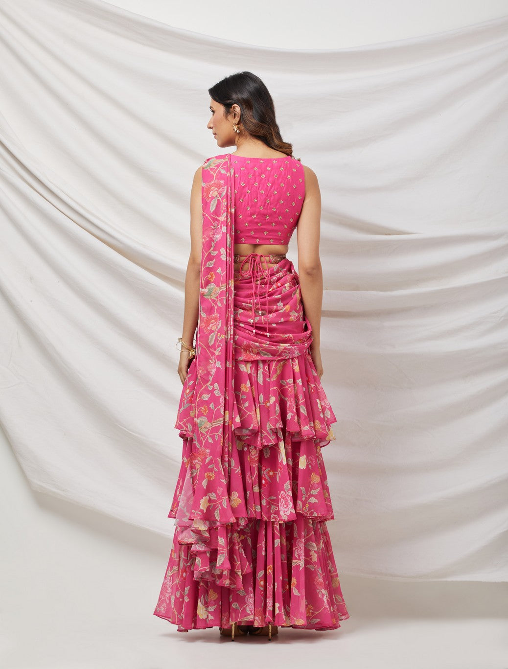 Rani Pink Pre-Draped Sharara Saree