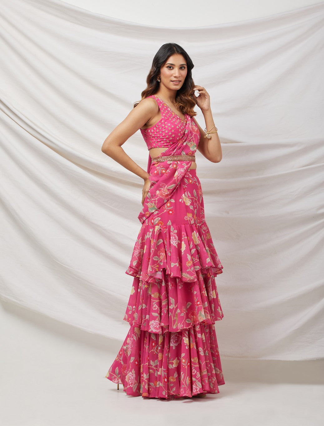 Rani Pink Pre-Draped Sharara Saree