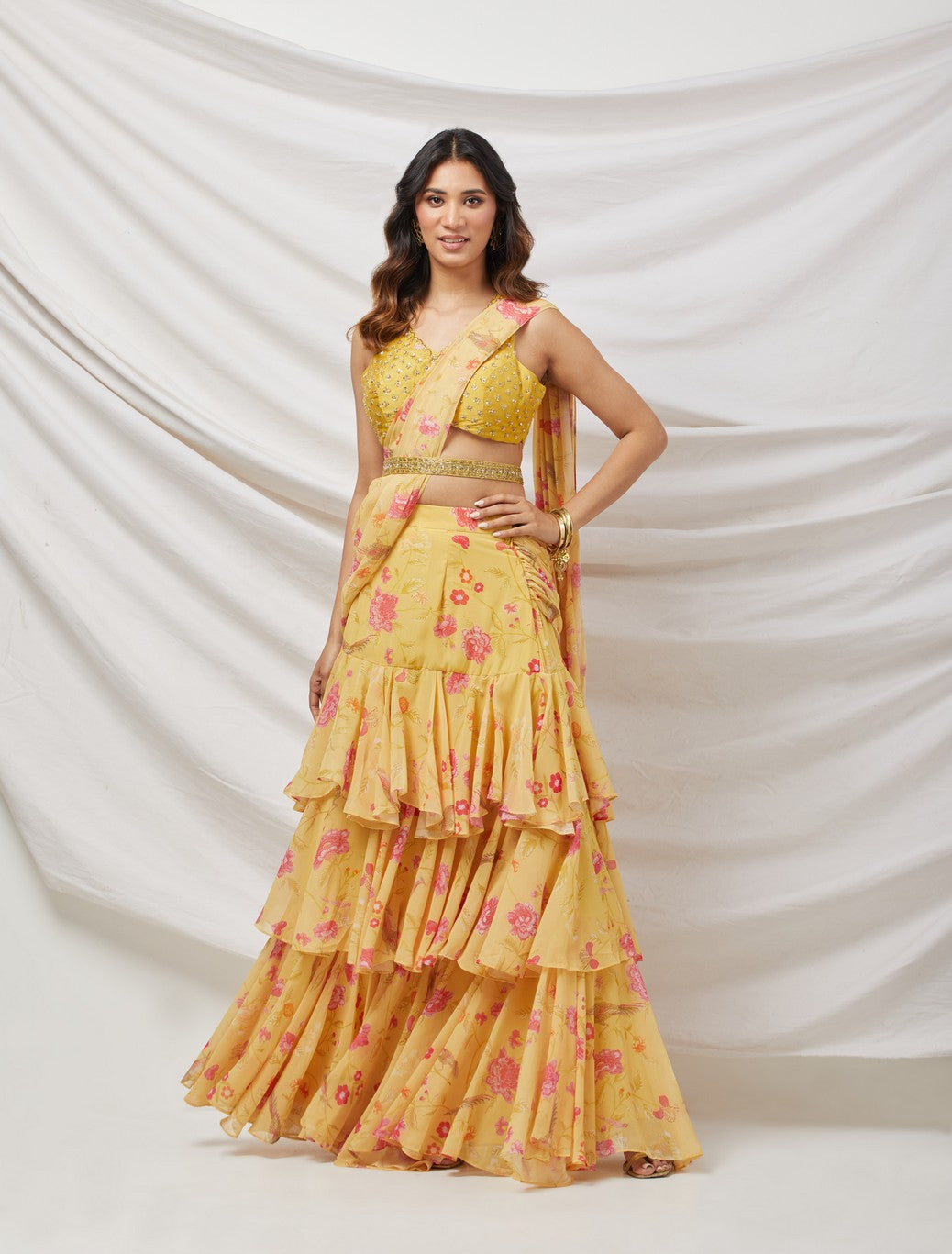 Yellow Embroidered Draped Saree Set