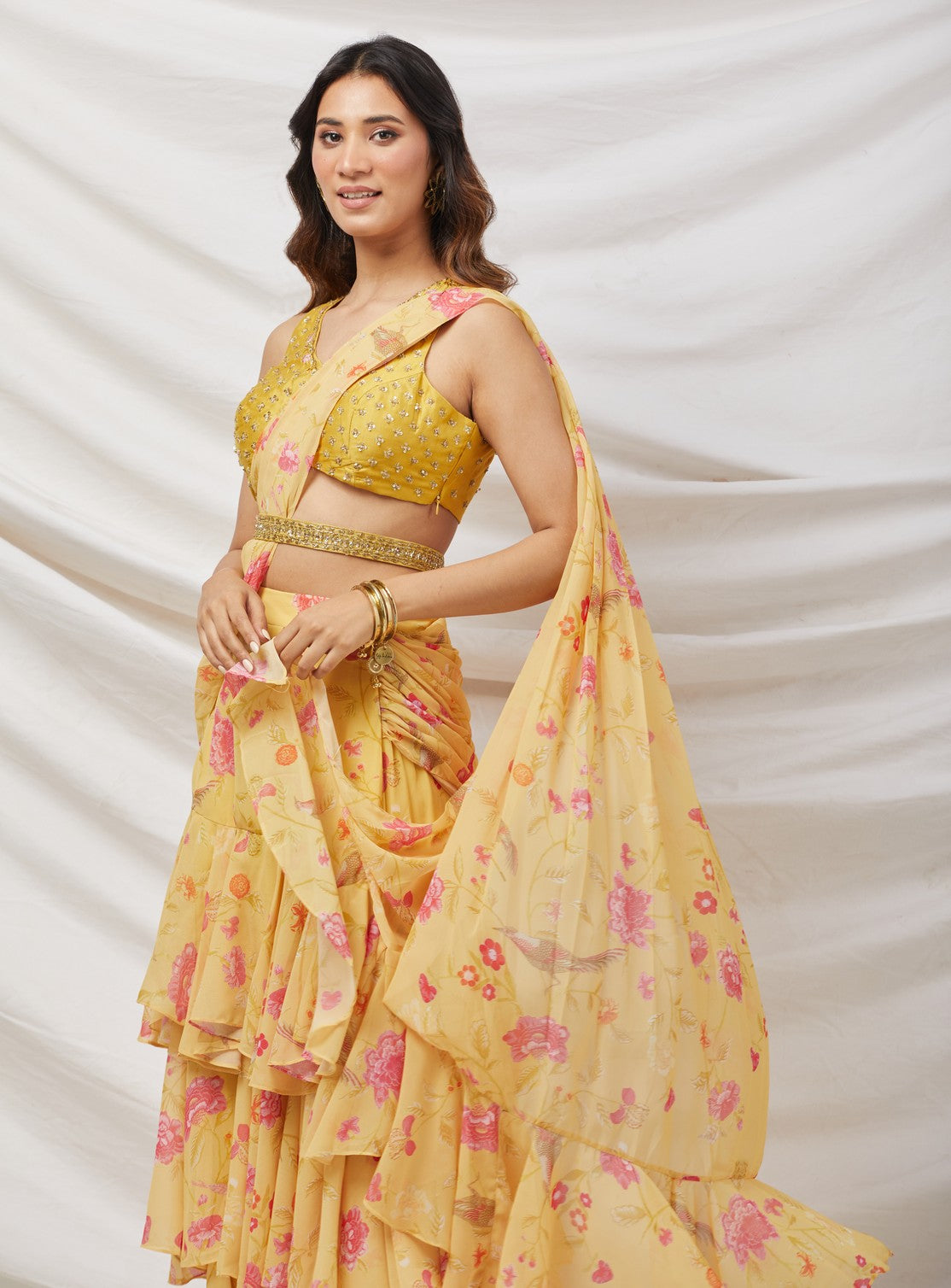 Yellow Embroidered Draped Saree Set