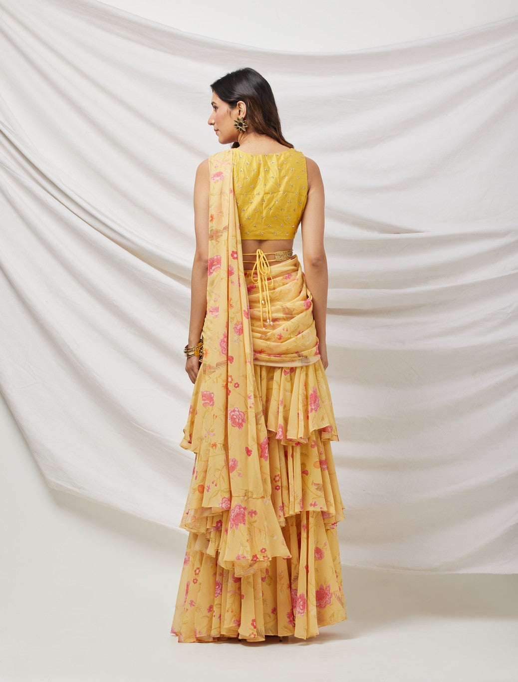 Yellow Embroidered Draped Saree Set