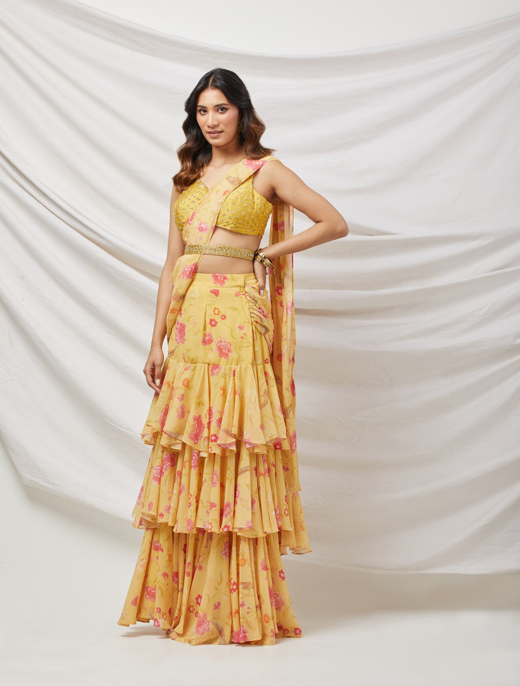 Yellow Embroidered Draped Saree Set