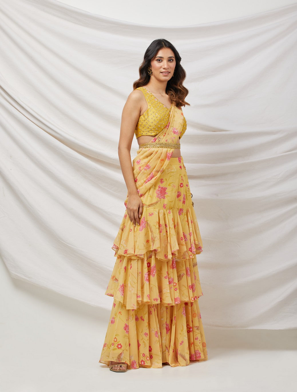 Yellow Embroidered Draped Saree Set