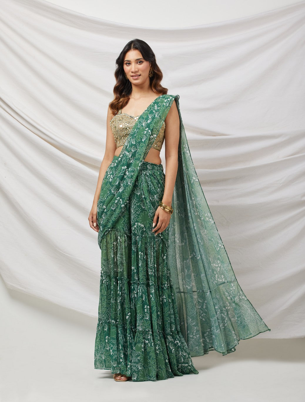 Green Pre-Draped Sharara Saree