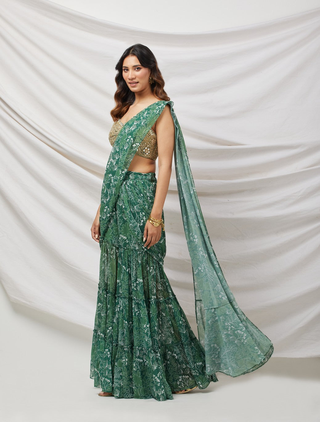 Green Pre-Draped Sharara Saree