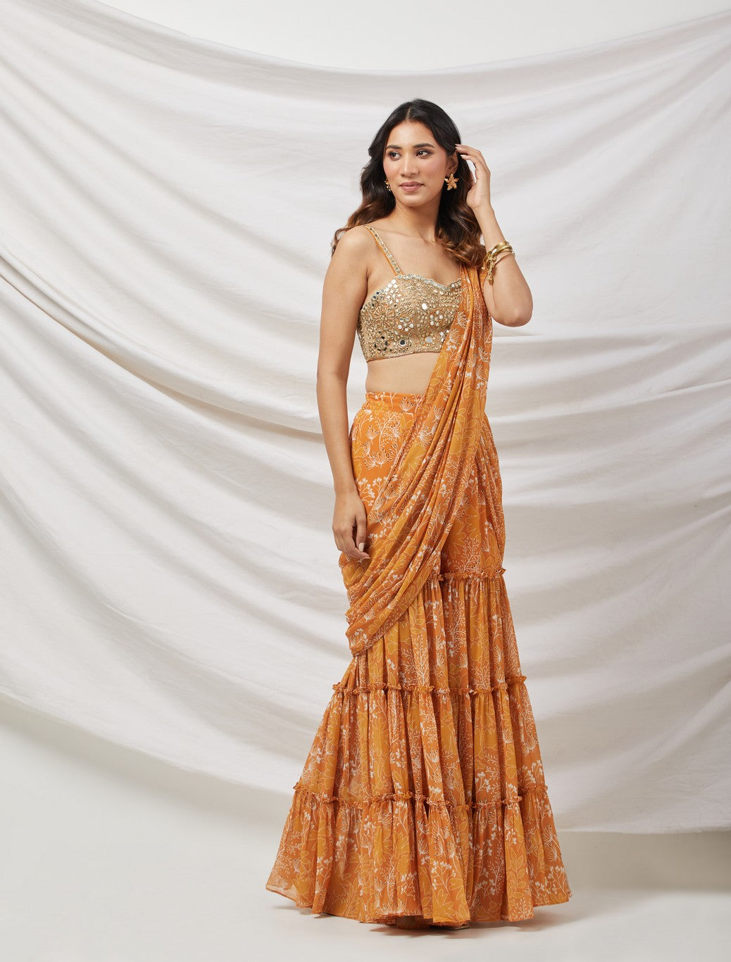 Mustard Pre-Draped Sharara Saree