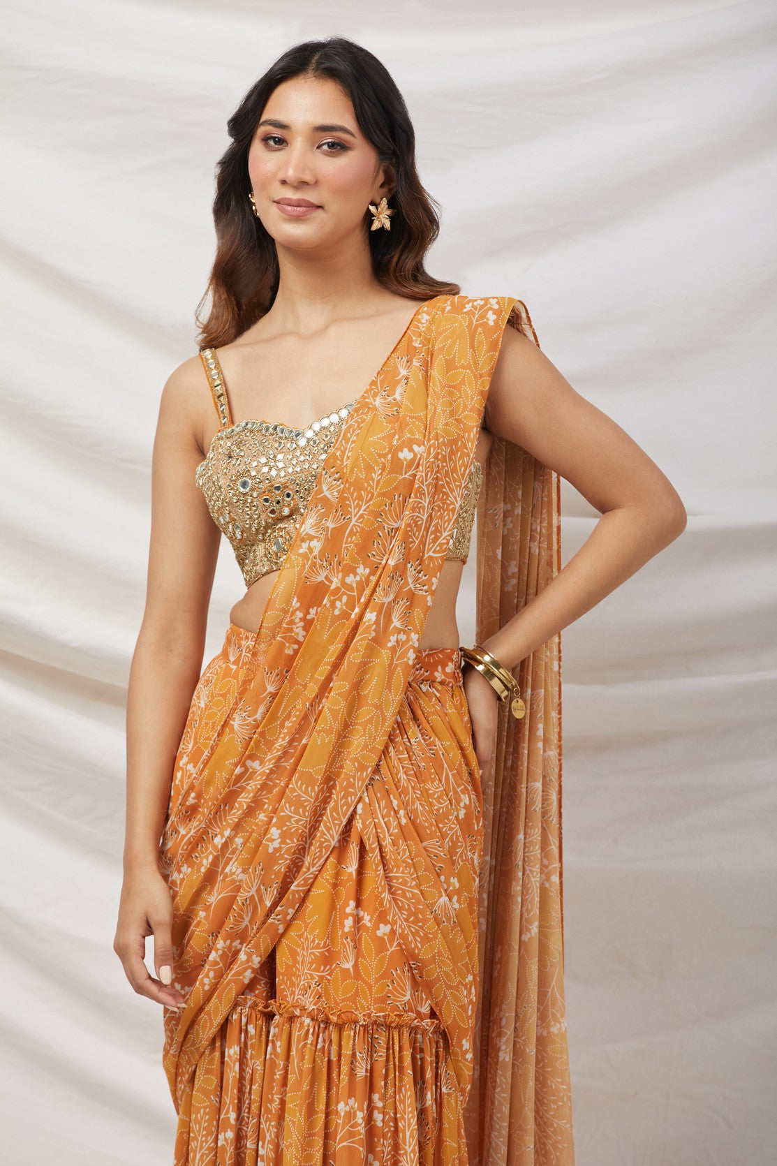 Mustard Pre-Draped Sharara Saree