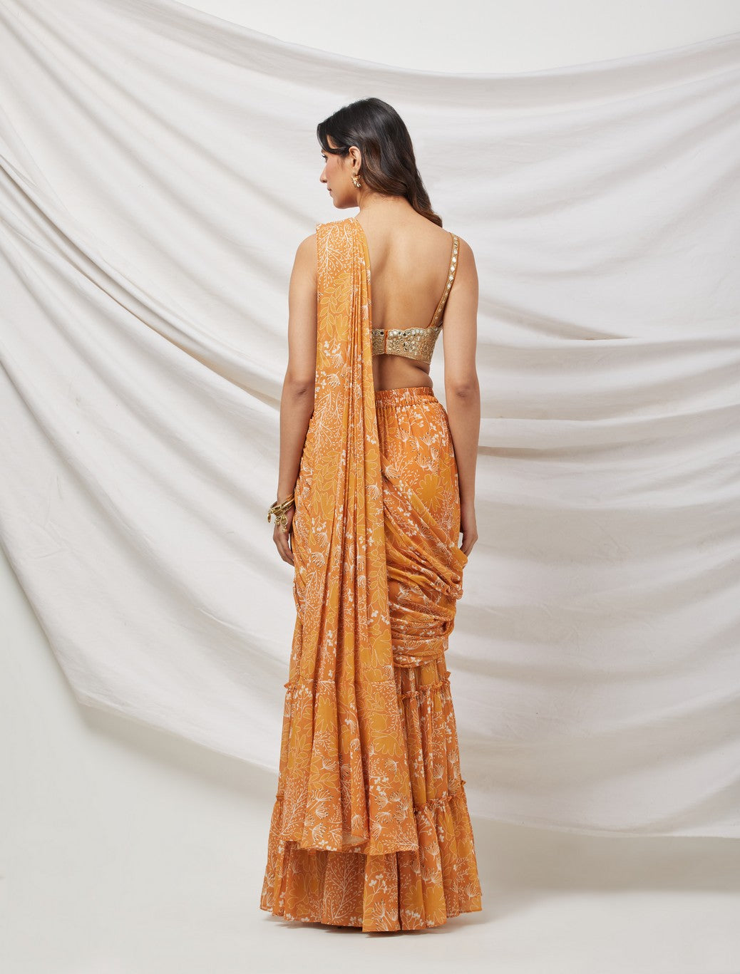 Mustard Pre-Draped Sharara Saree