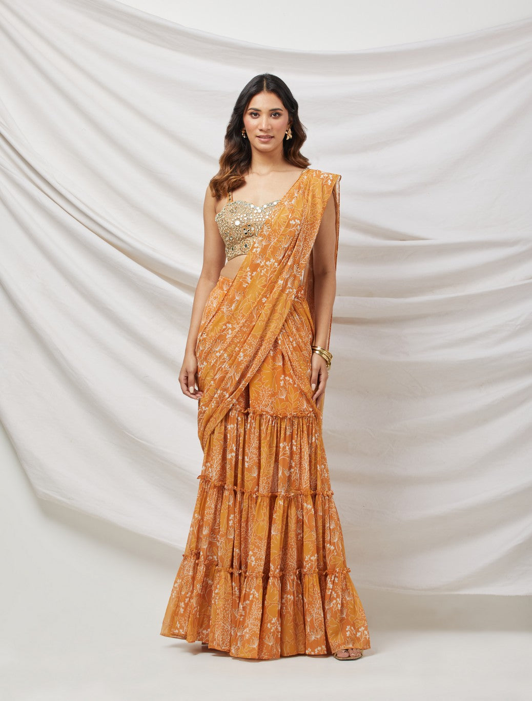 Mustard Pre-Draped Sharara Saree