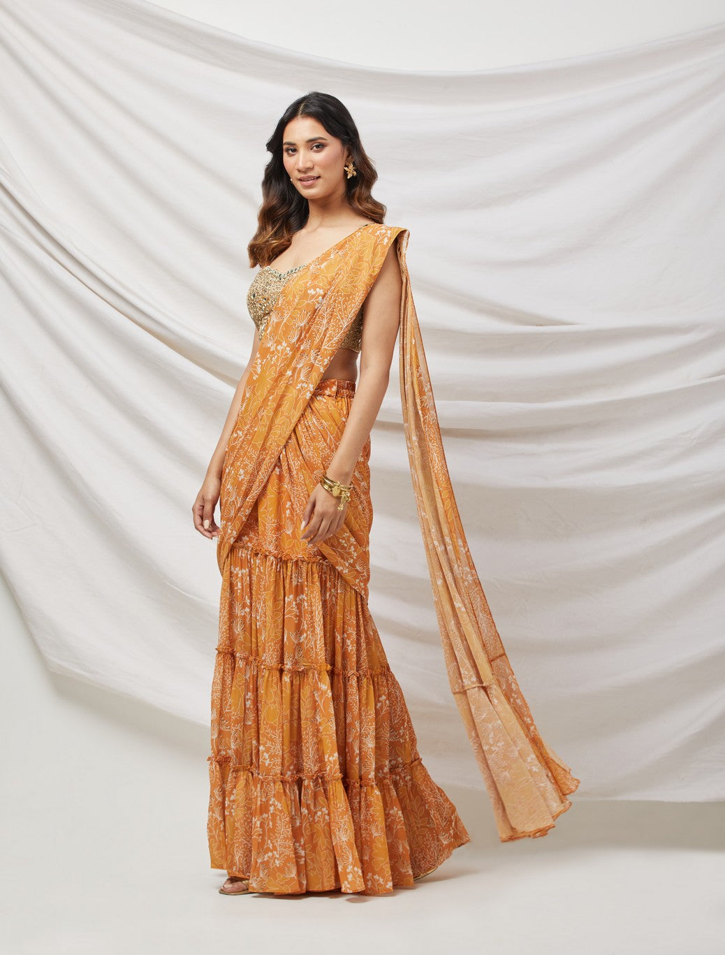 Mustard Pre-Draped Sharara Saree