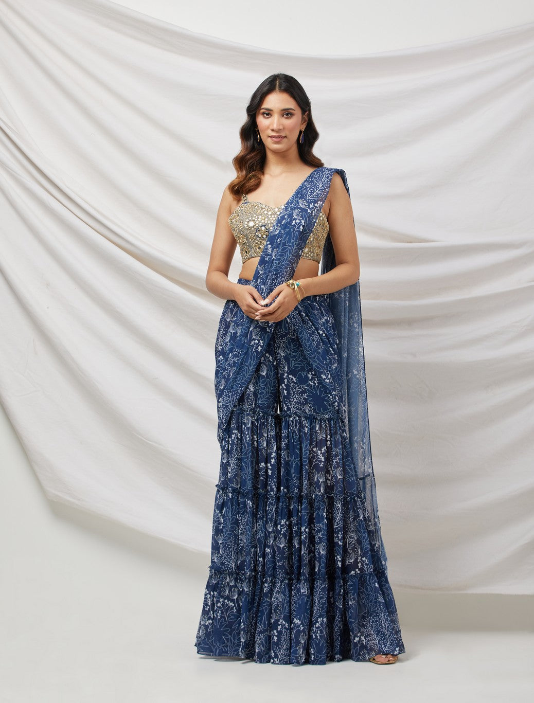 Navy Blue Pre-Draped Sharara Saree