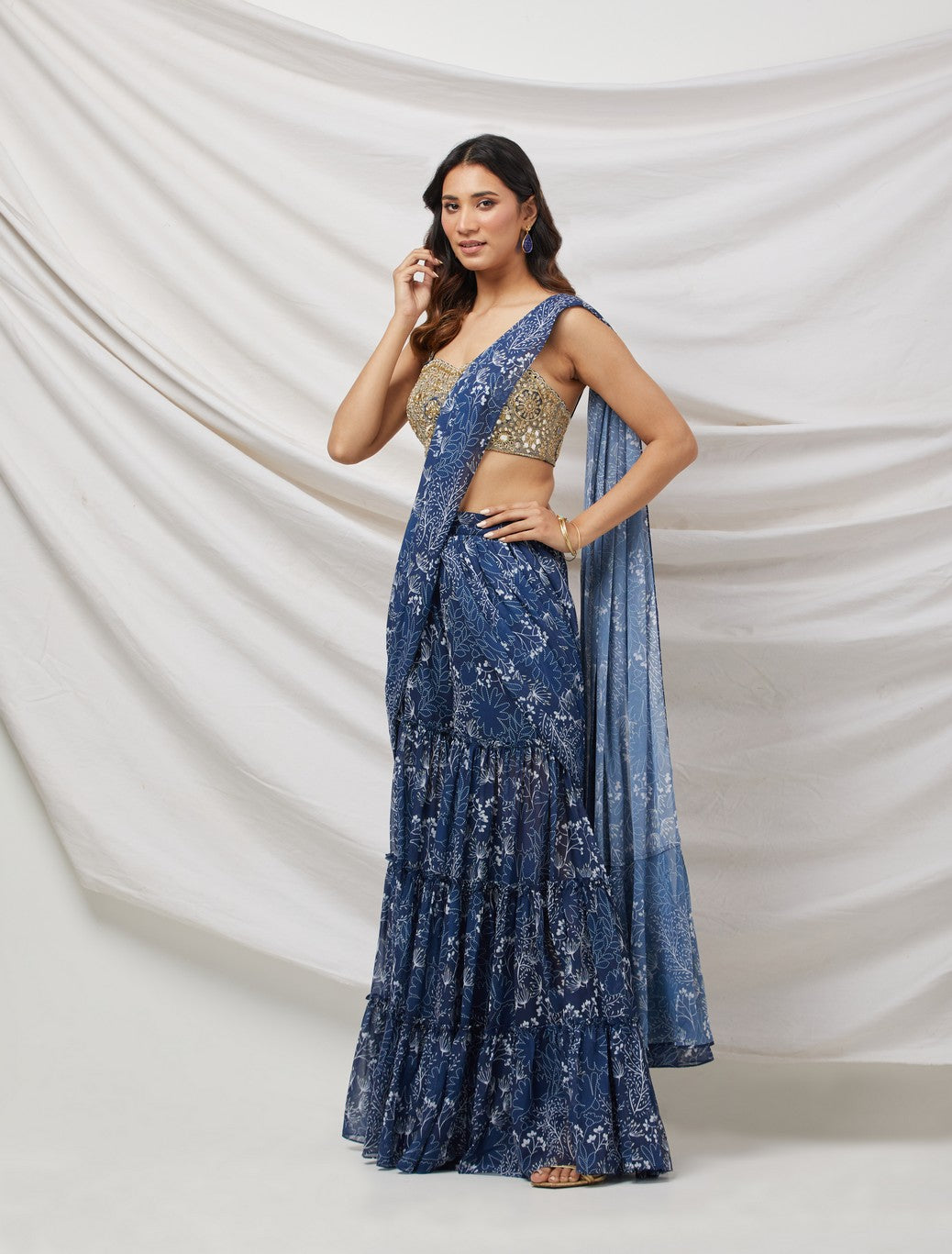 Navy Blue Pre-Draped Sharara Saree