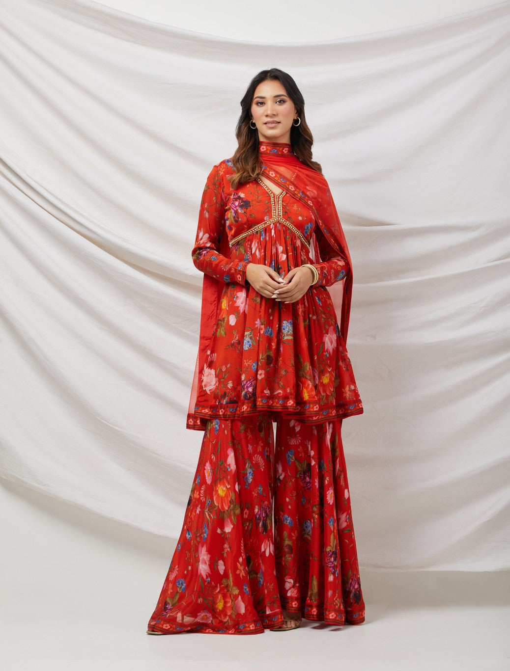 Red Printed Sharara Set