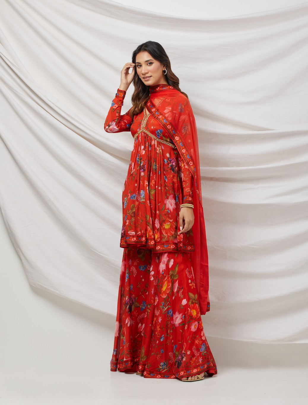 Red Printed Sharara Set