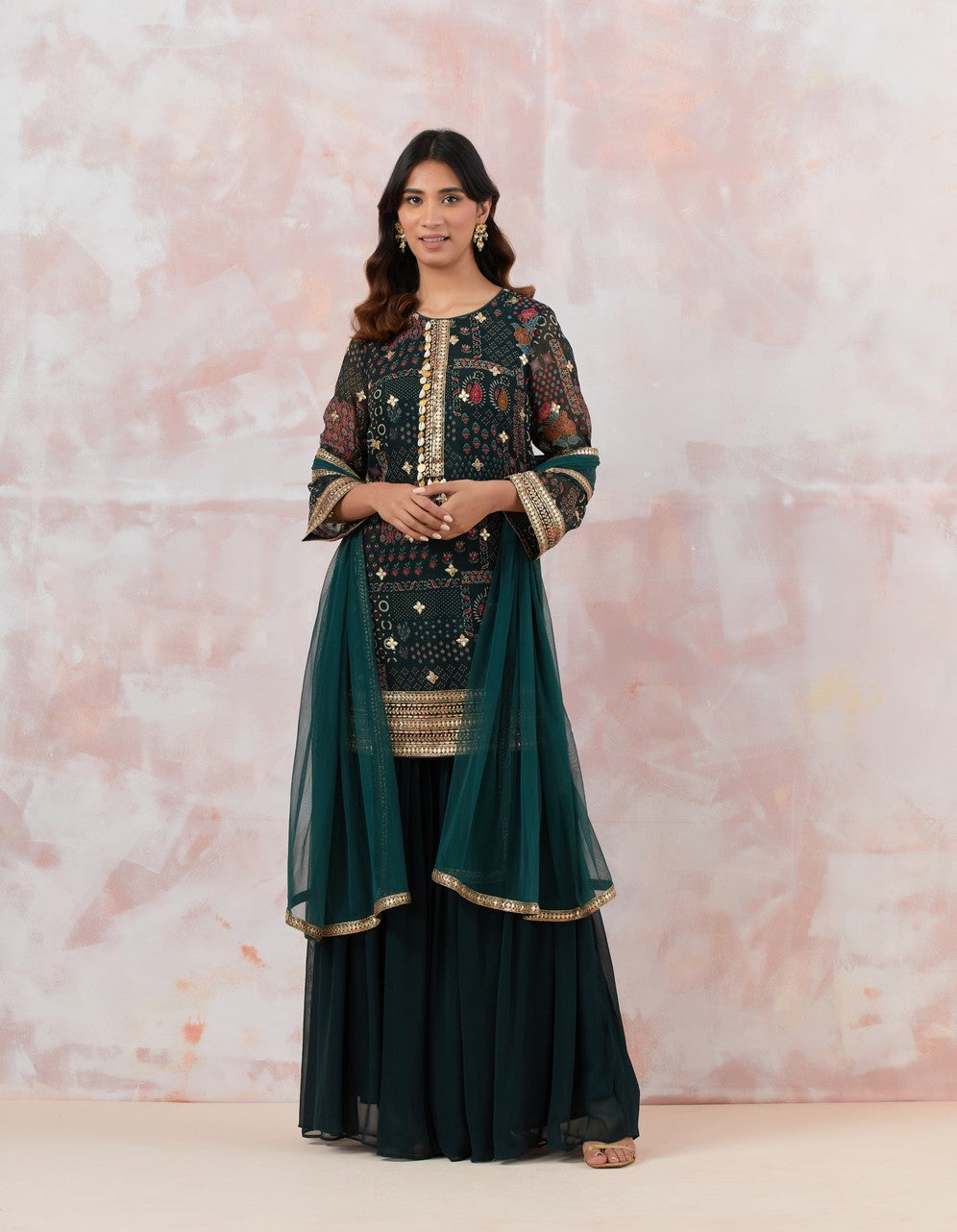 Bottle Green Embellished Sharara Set