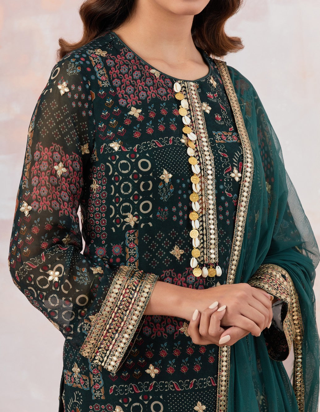 Bottle Green Embellished Sharara Set