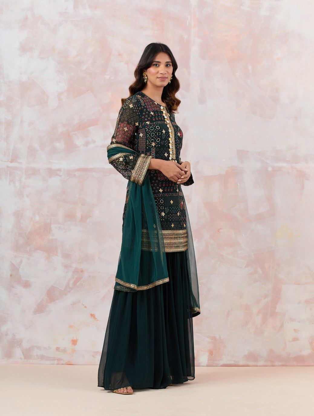 Bottle Green Embellished Sharara Set