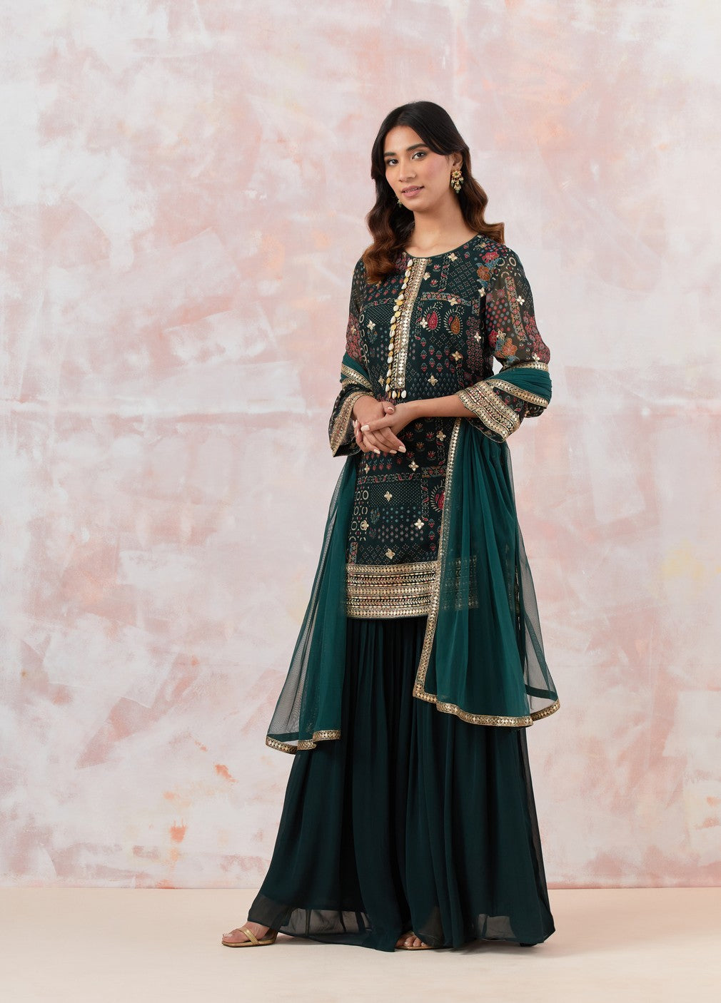 Bottle Green Embellished Sharara Set