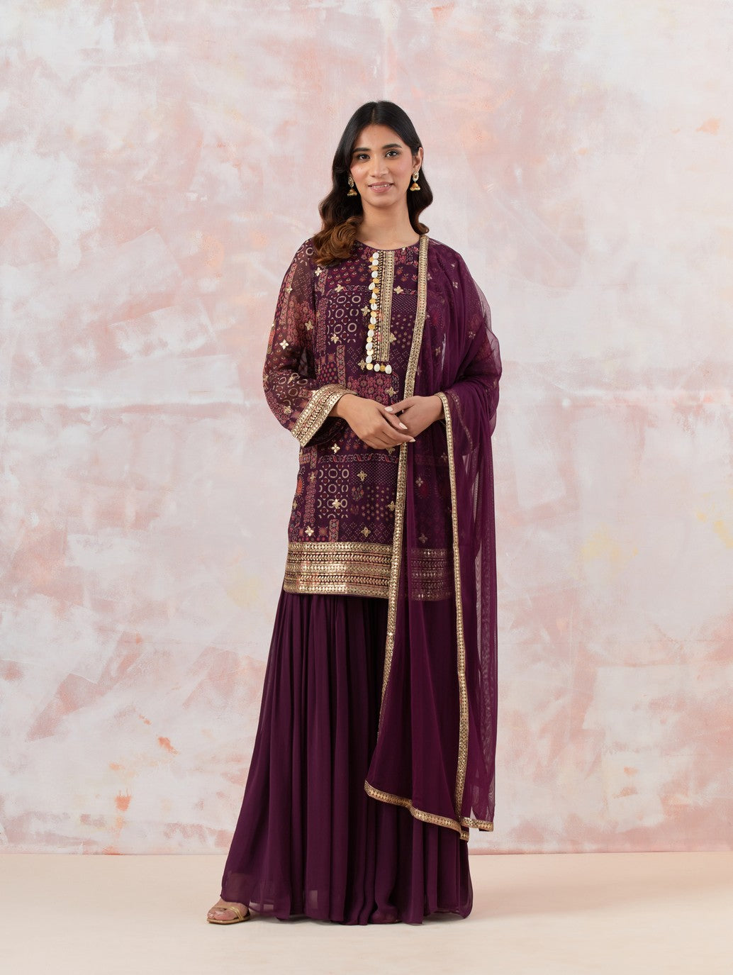 Wine Embellished Sharara Set