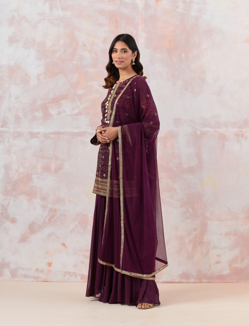 Wine Embellished Sharara Set