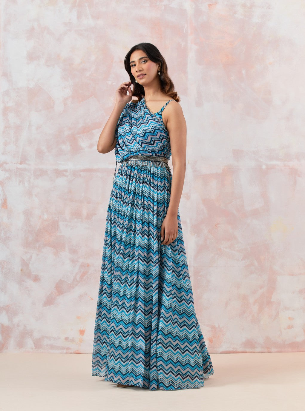 Blue Maxi Dress With Embroidered Belt