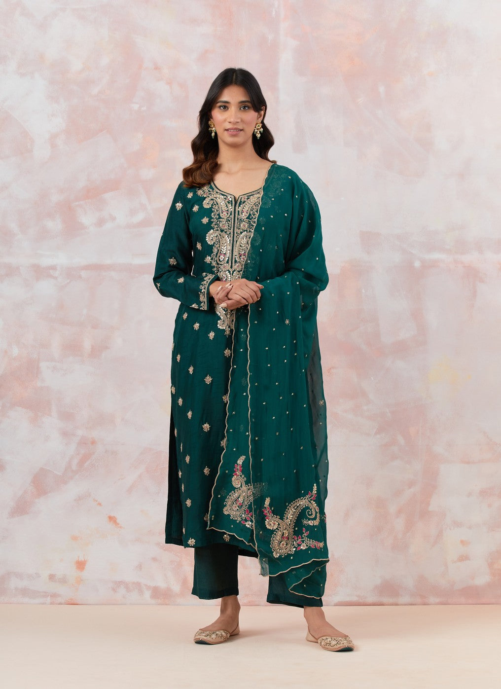 Bottle Green Suit Set With Dupatta