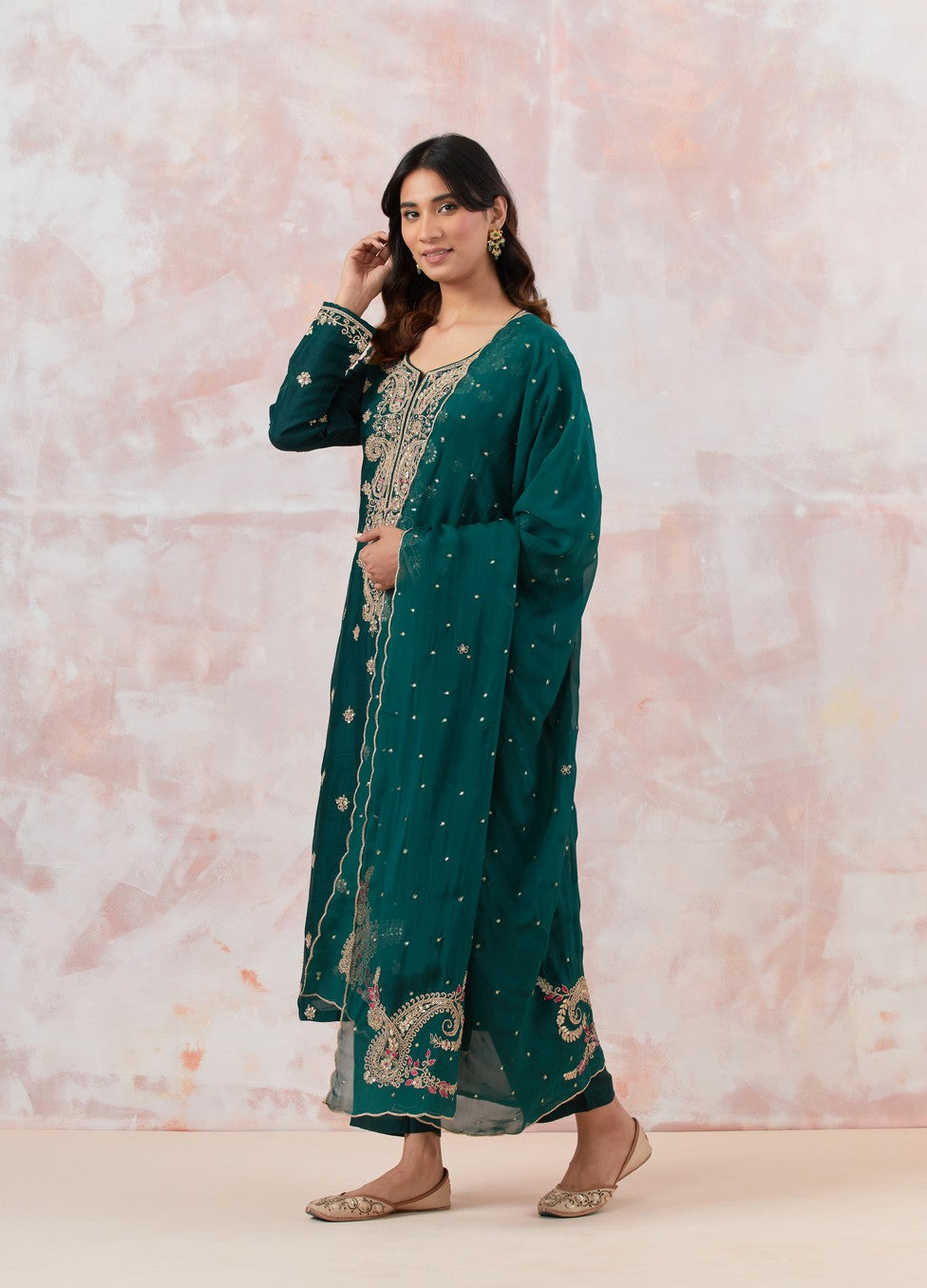 Bottle Green Suit Set With Dupatta