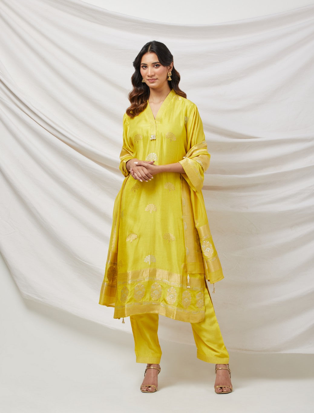 Lime Yellow Banarasi Silk Suit Set