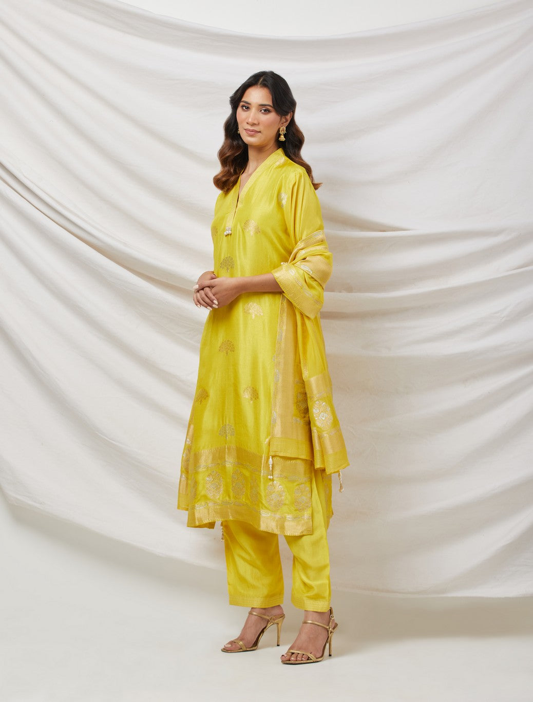 Lime Yellow Banarasi Silk Suit Set