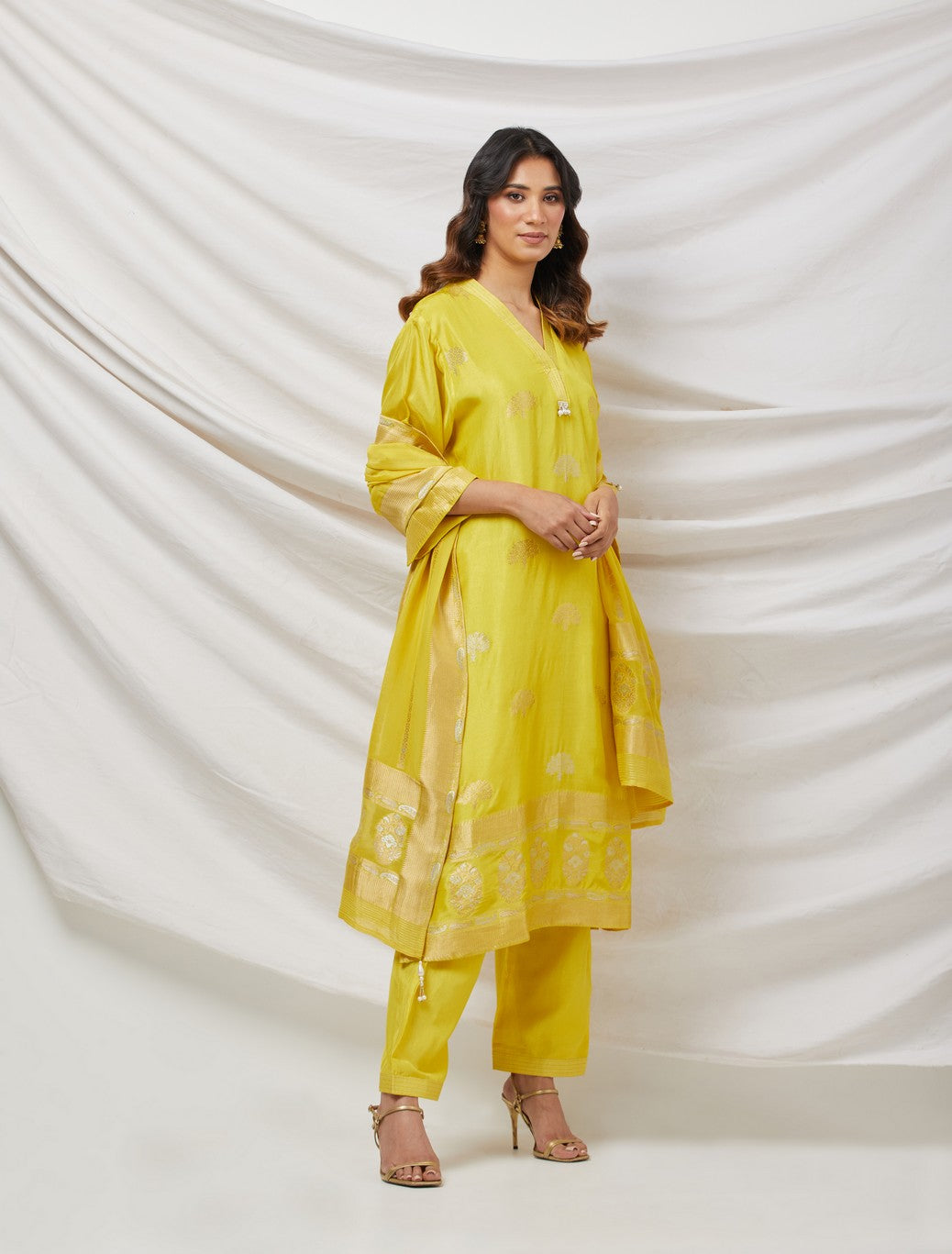 Lime Yellow Banarasi Silk Suit Set