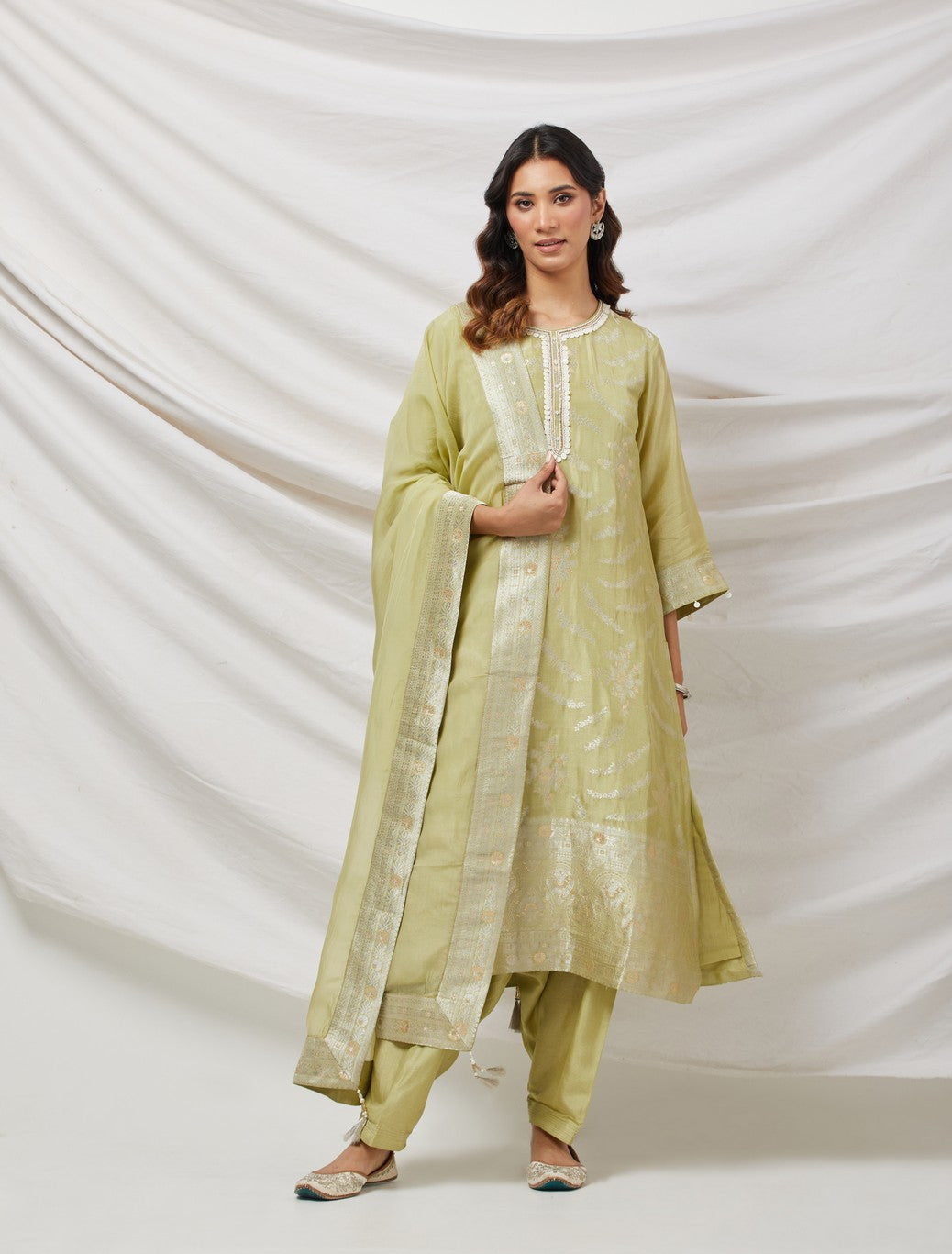 Lime Green Banarasi Silk Kurta Set