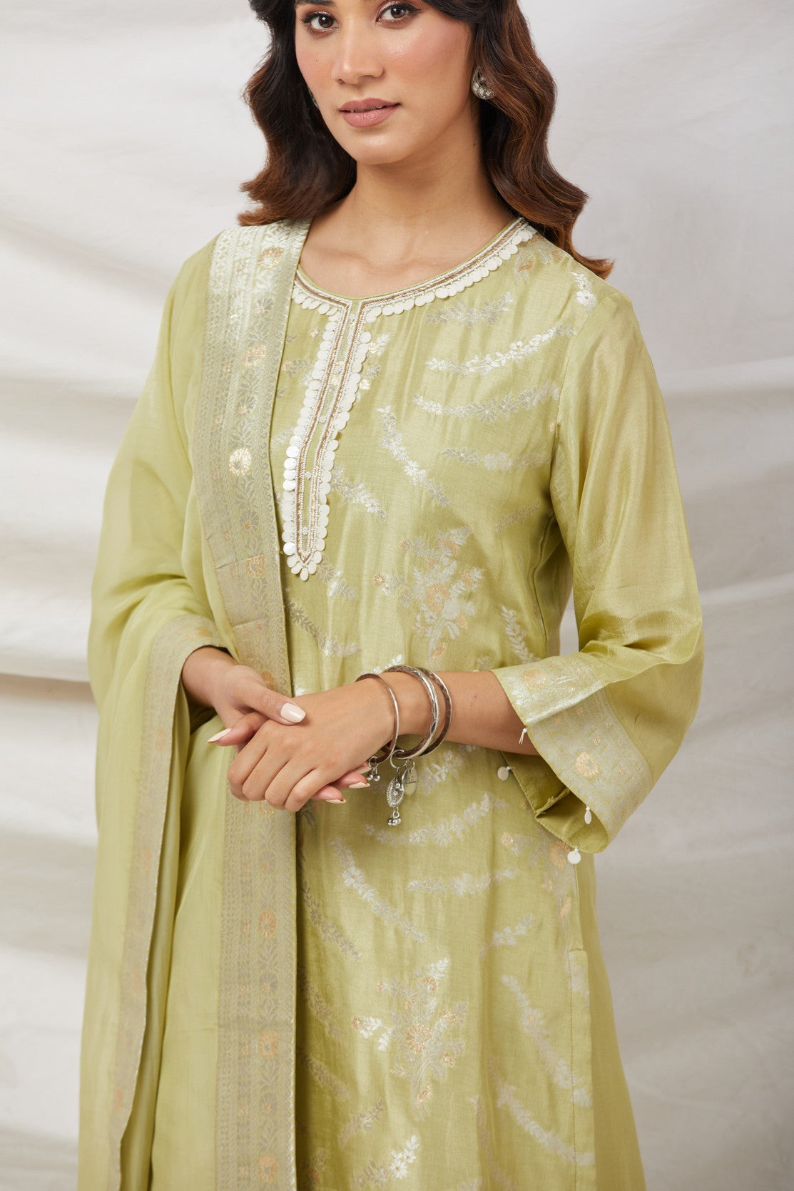 Lime Green Banarasi Silk Kurta Set