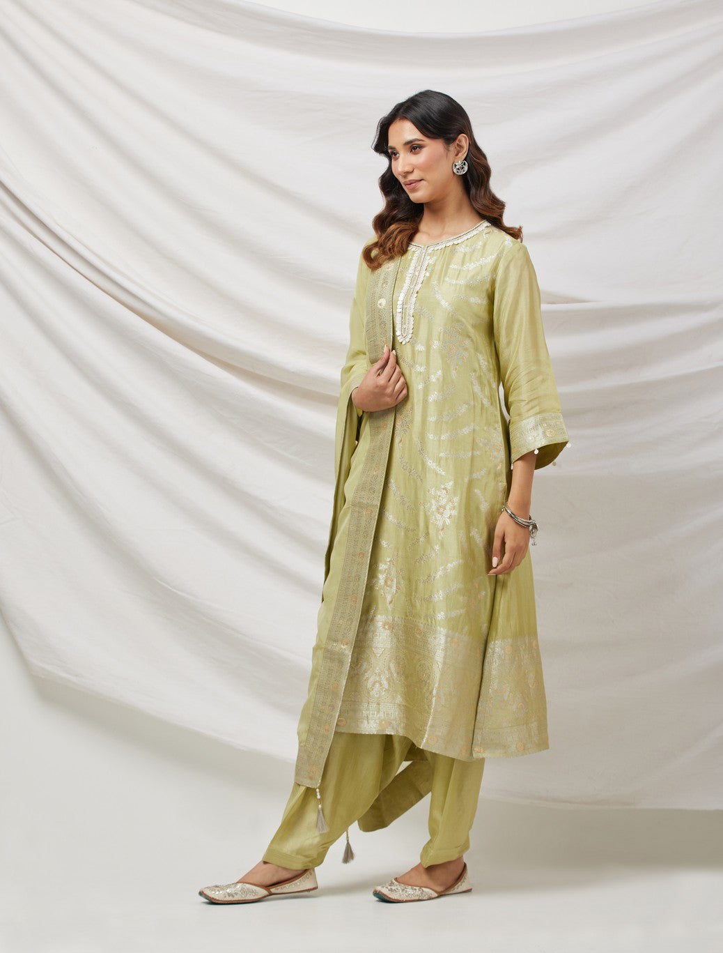 Lime Green Banarasi Silk Kurta Set