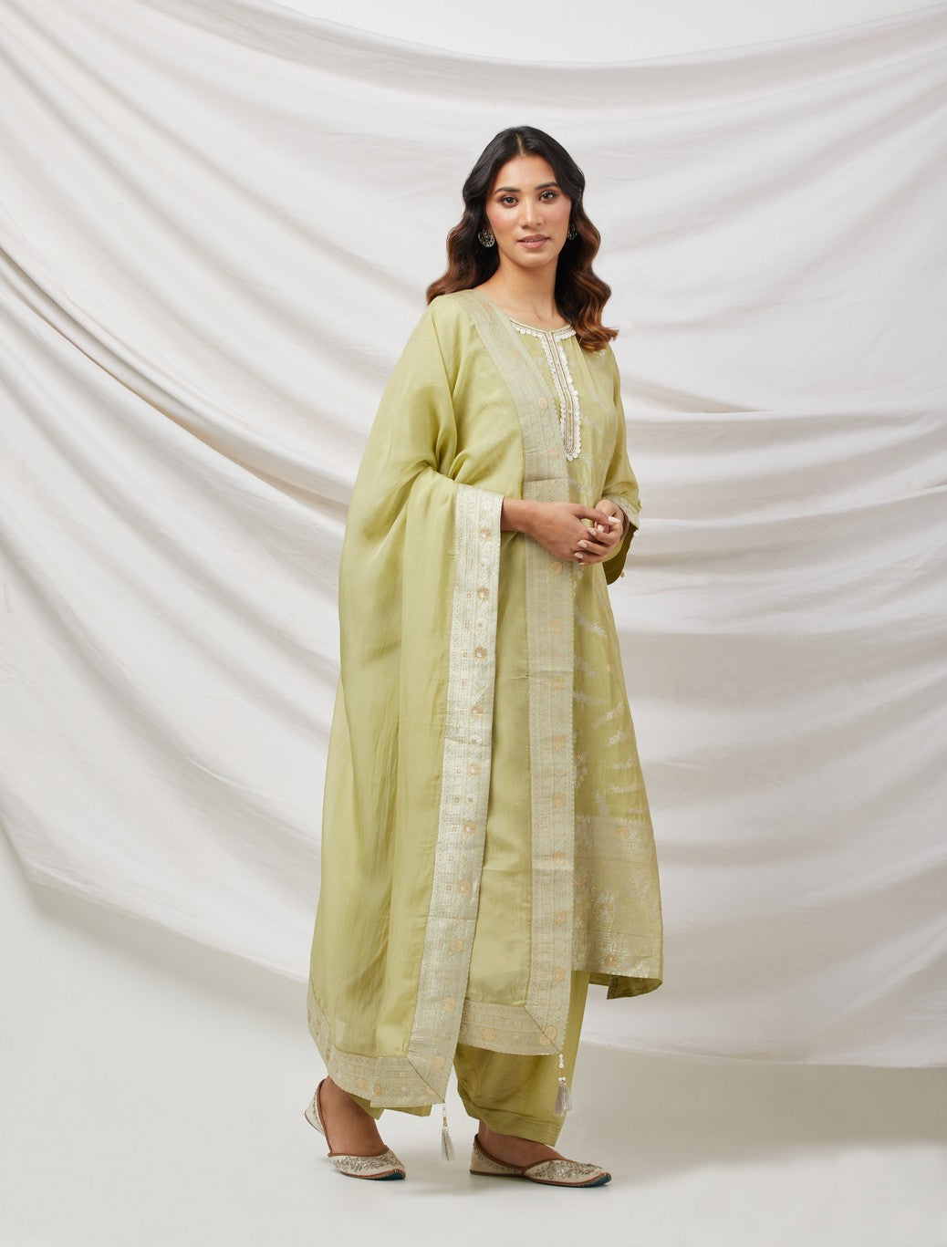 Lime Green Banarasi Silk Kurta Set