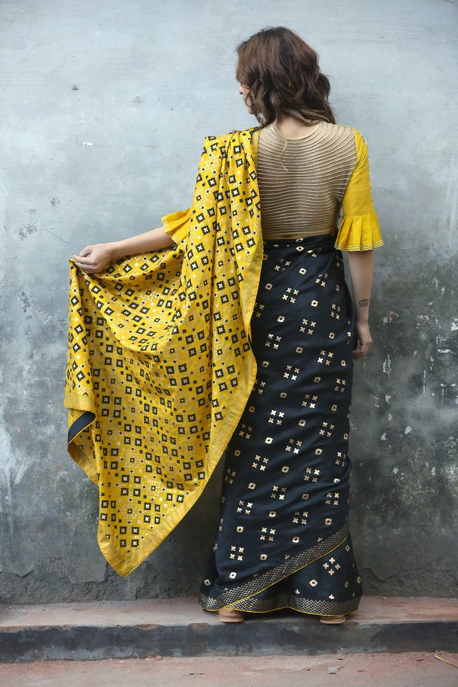 black & mustard saree set