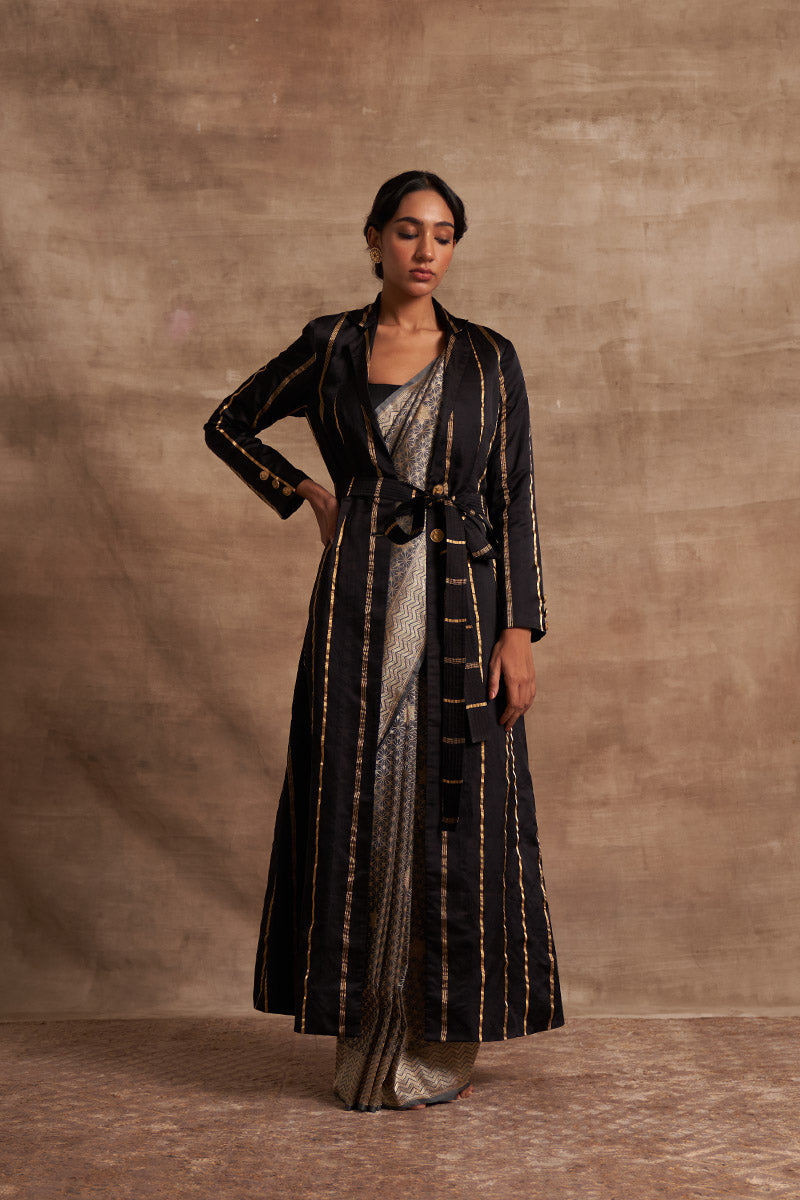 Gold Zari Stripes Satin Benarasi Handloom Jacket