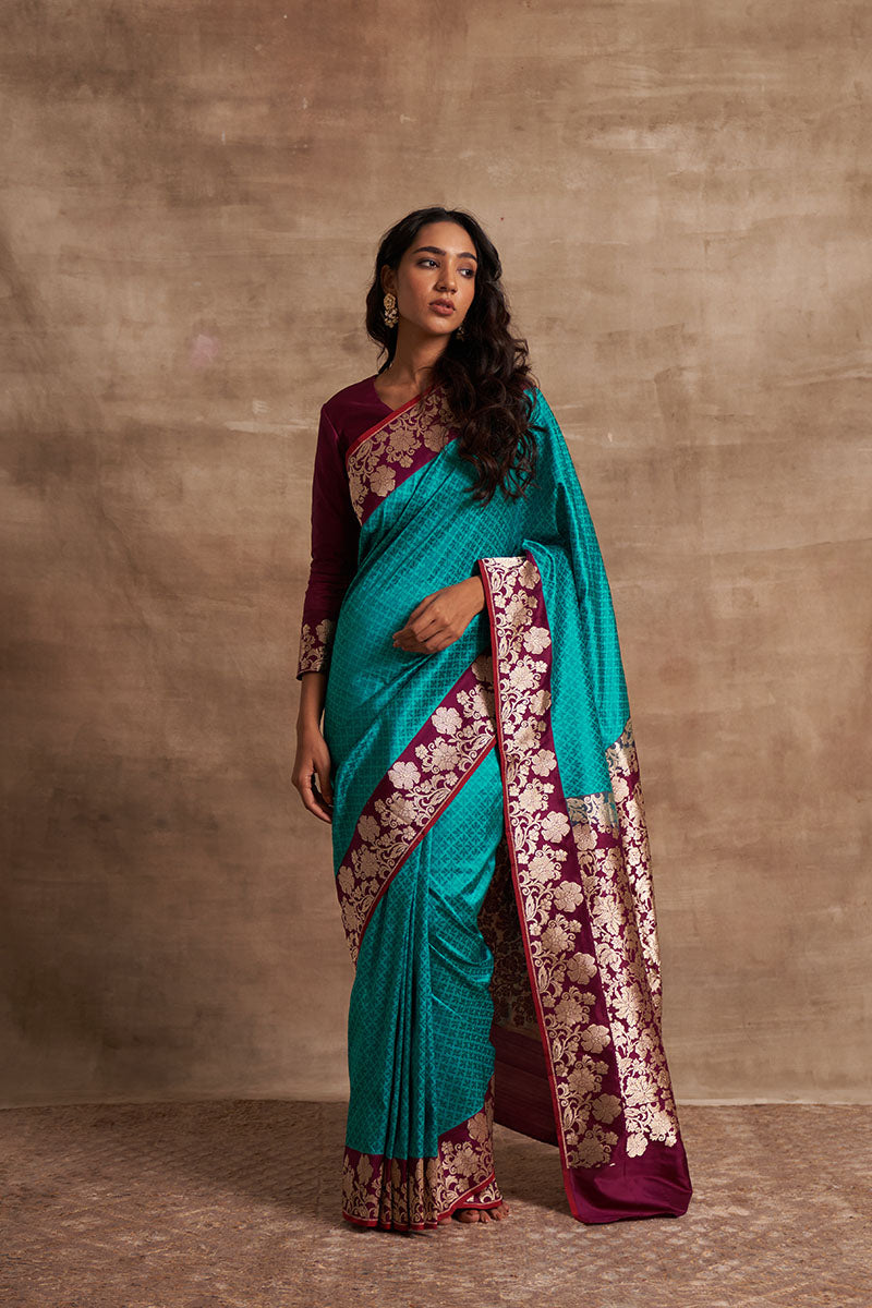 Firozi Jangla Kadiyal Zari Pure Silk saree